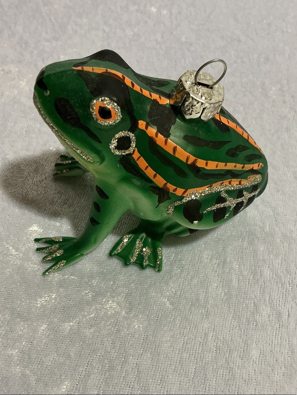 Green Glass Frog Ornament with Glitter Accents